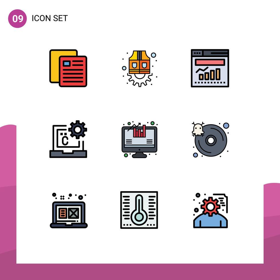 9 paquete de color plano de línea de relleno de interfaz de usuario de signos y símbolos modernos de análisis desarrollar gráficos de codificación c elementos de diseño vectorial editables vector