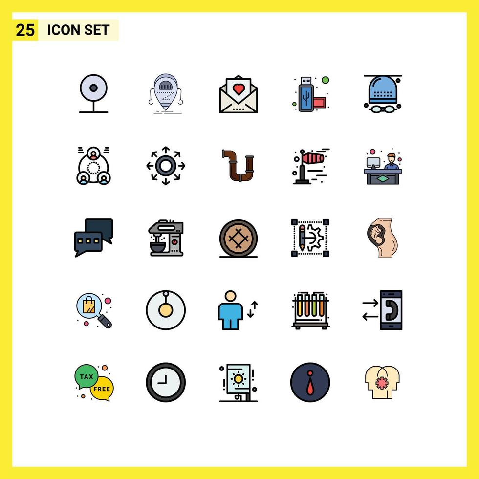 Modern Set of 25 Filled line Flat Colors Pictograph of usb connection robot thanksgiving love letter Editable Vector Design Elements