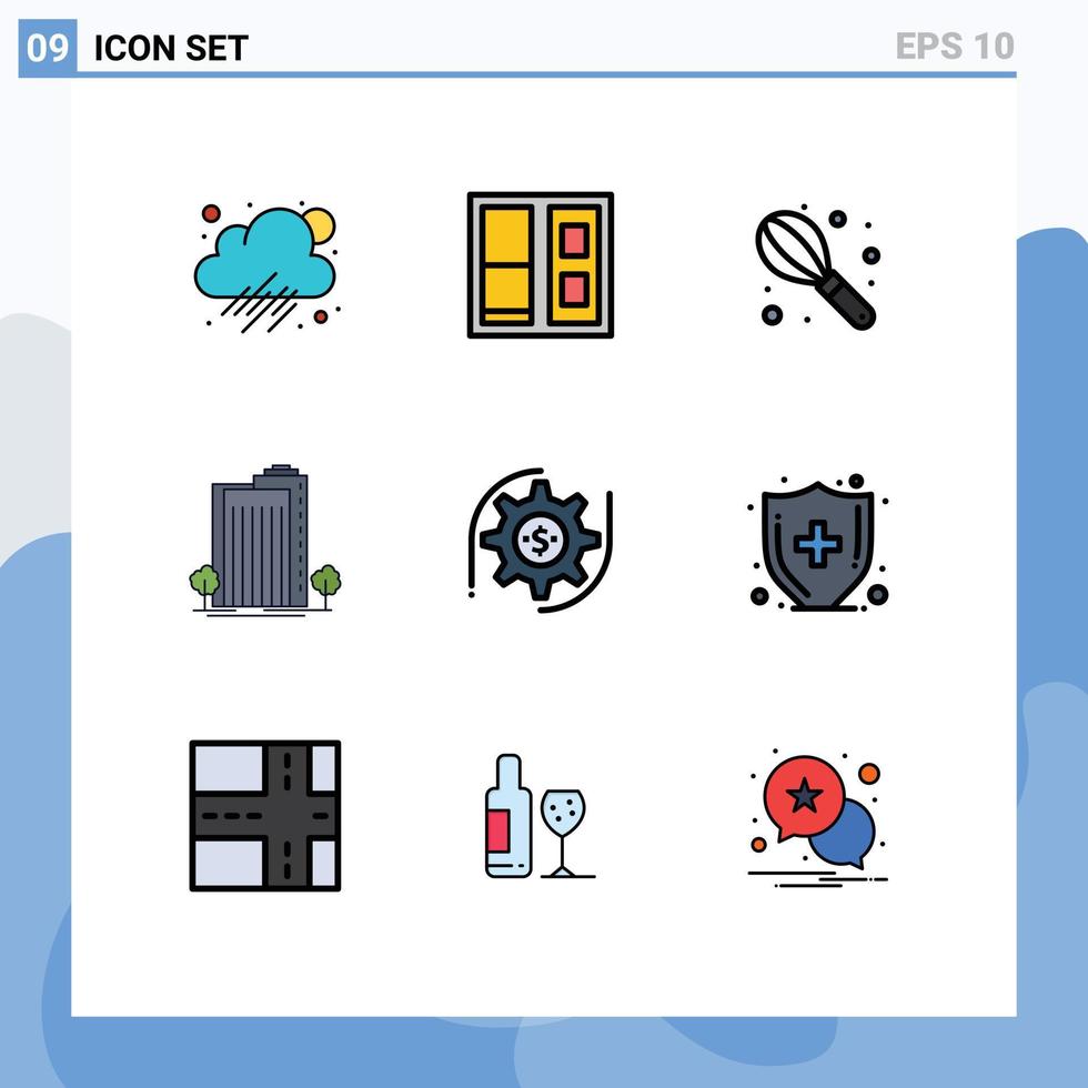 grupo de 9 signos y símbolos de colores planos de línea rellena para elementos de diseño de vectores editables de la ciudad de engranajes de alambre de ajuste de dinero
