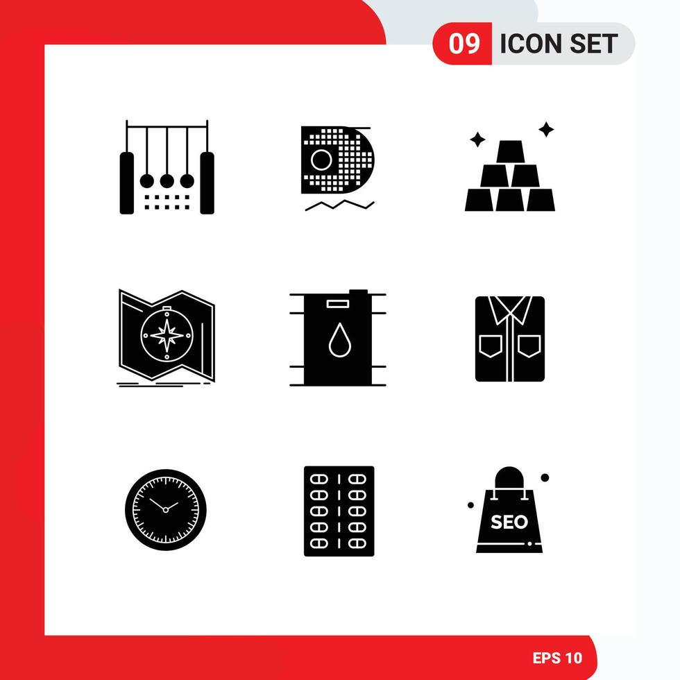 Editable Vector Line Pack of 9 Simple Solid Glyphs of barrel navigate mining map direction Editable Vector Design Elements