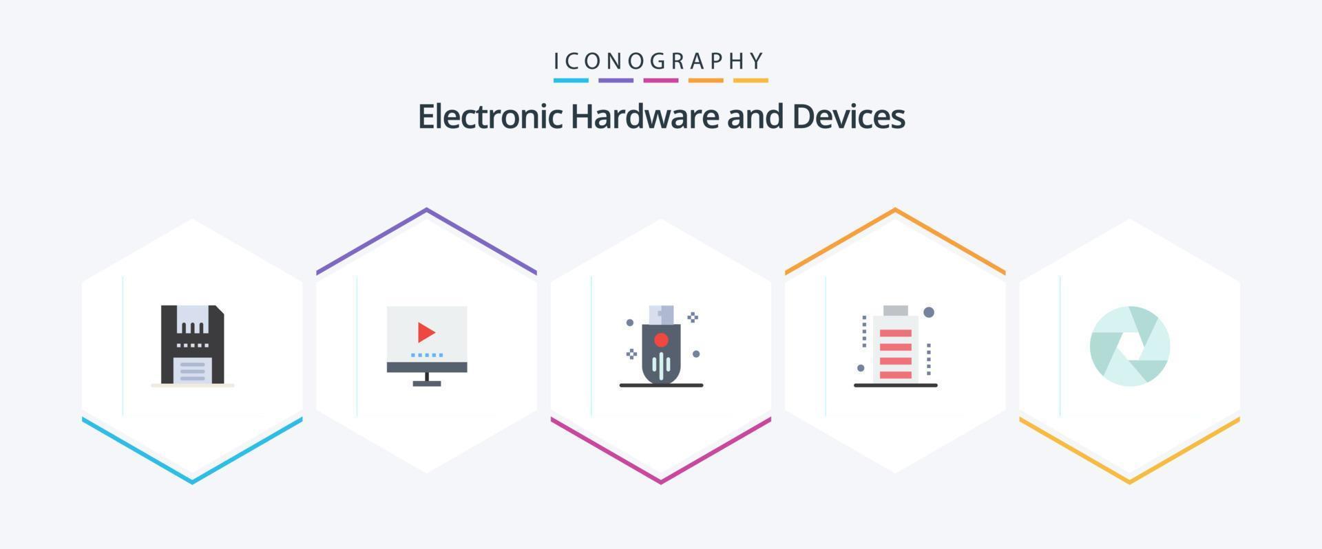 Devices 25 Flat icon pack including devices. battery. tv. storage. outline vector