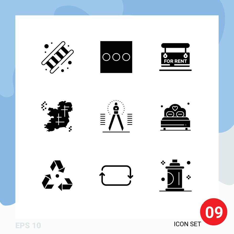 Mobile Interface Solid Glyph Set of 9 Pictograms of drawing irish sign point map Editable Vector Design Elements