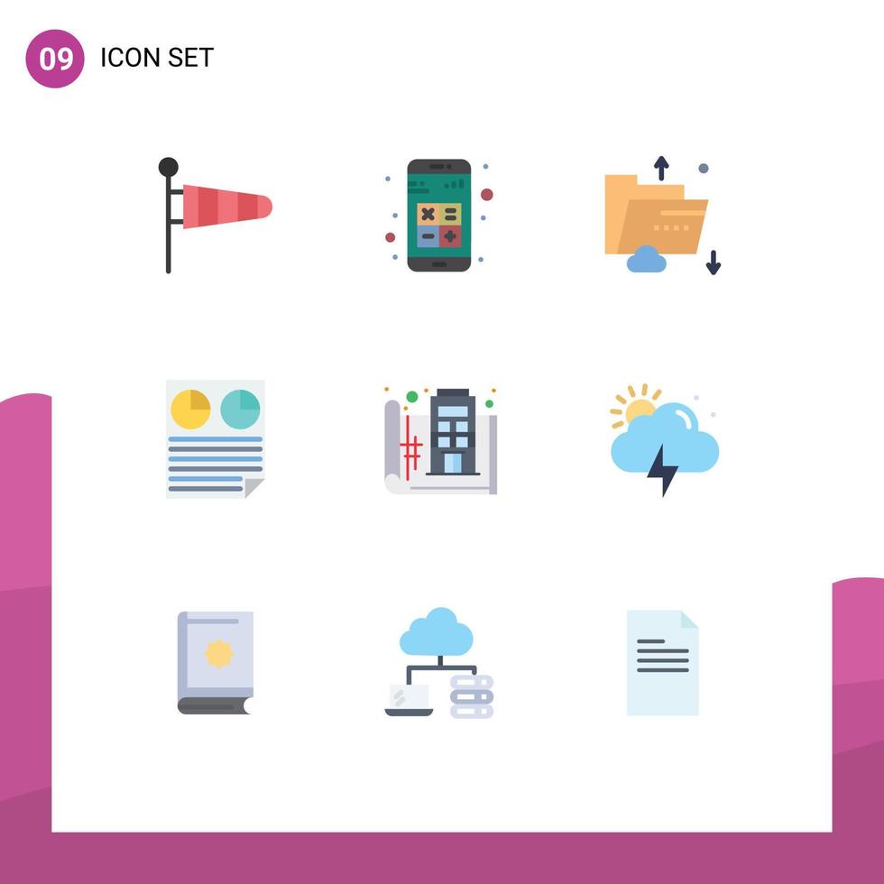 Pack of 9 Modern Flat Colors Signs and Symbols for Web Print Media such as pie document interaction data multimedia Editable Vector Design Elements
