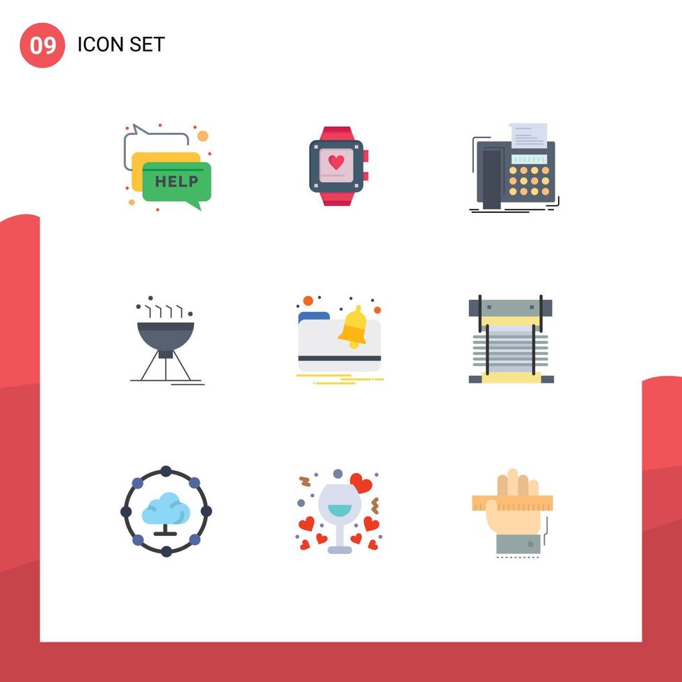 paquete de 9 signos y símbolos de colores planos modernos para medios de impresión web como elementos de diseño de vectores editables de comunicación de camping de fax de alimentos de alerta