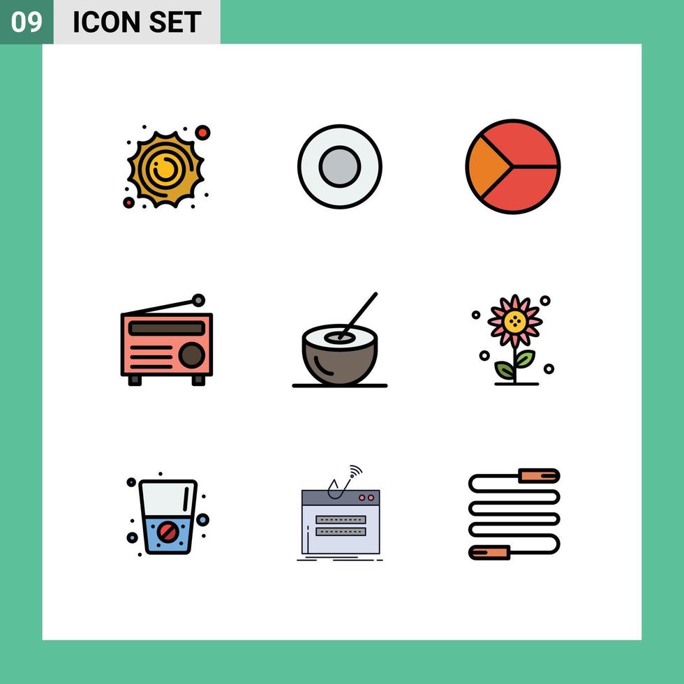 User Interface Pack of 9 Basic Filledline Flat Colors of coconut media chart audio radio Editable Vector Design Elements