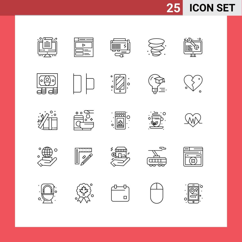 25 User Interface Line Pack of modern Signs and Symbols of web coding battery wind storm Editable Vector Design Elements