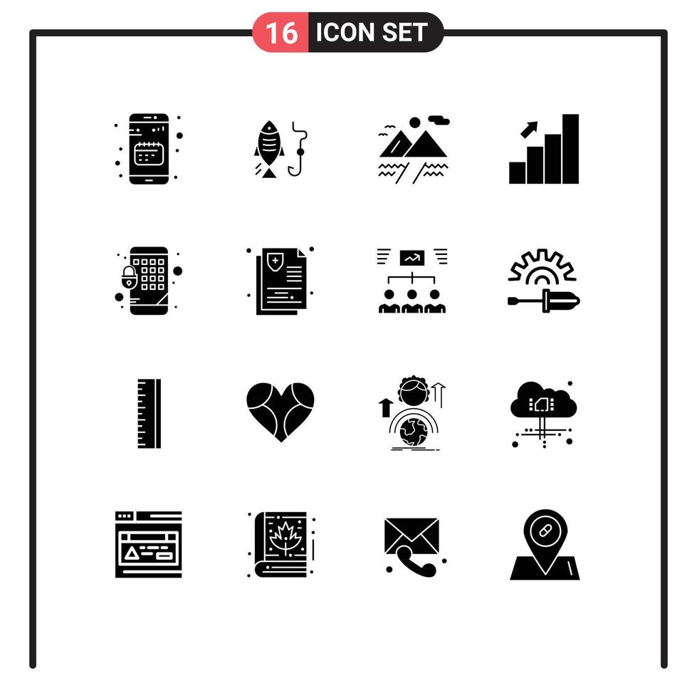 Pack of 16 creative Solid Glyphs of encryption finance hunting chart bar Editable Vector Design Elements