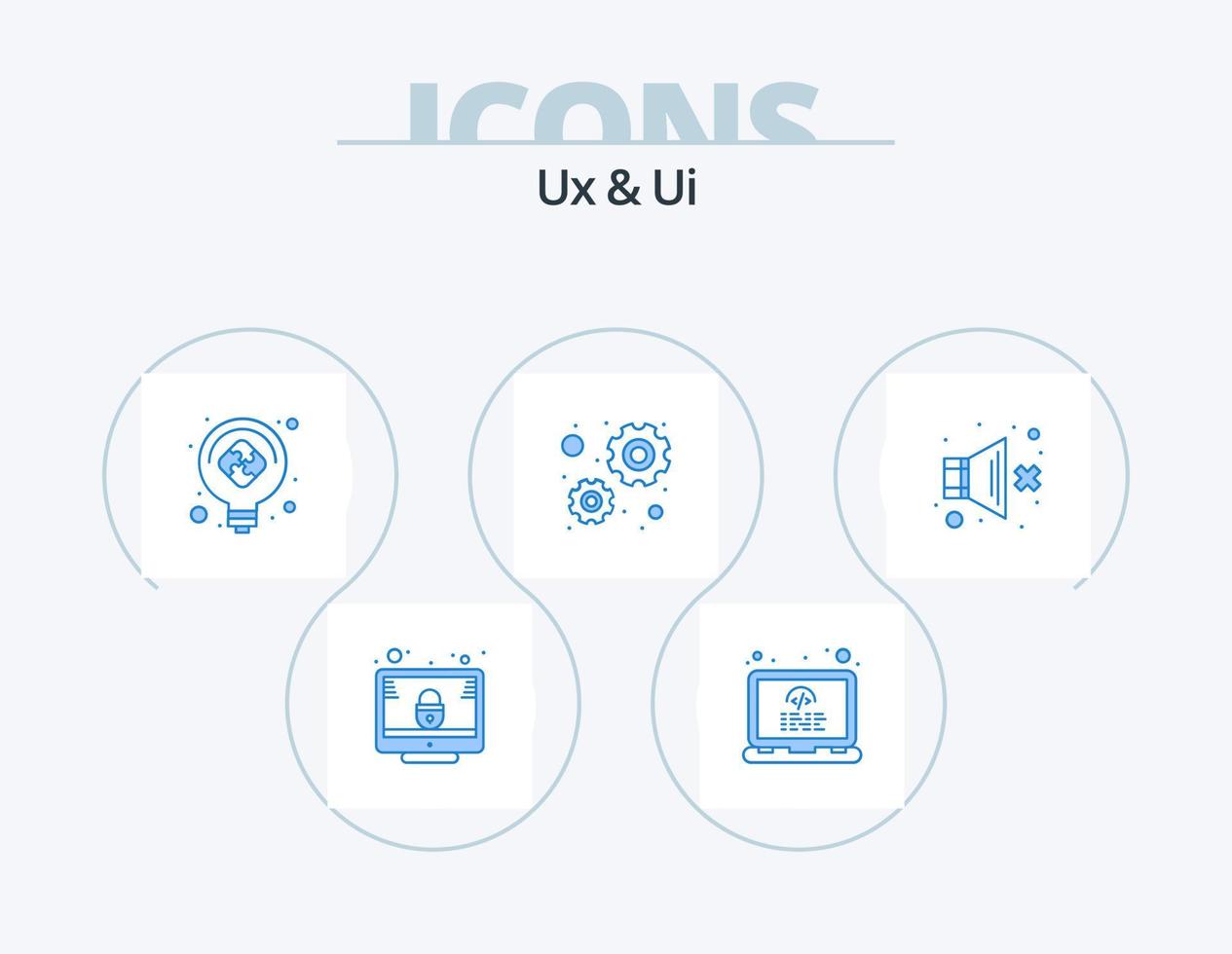 Ux And Ui Blue Icon Pack 5 Icon Design. volume off. mute. idea. working. configuration vector