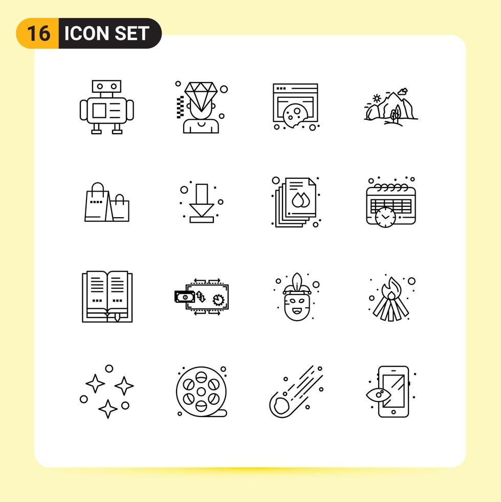 Set of 16 Modern UI Icons Symbols Signs for bag mountain cookies nature hill Editable Vector Design Elements