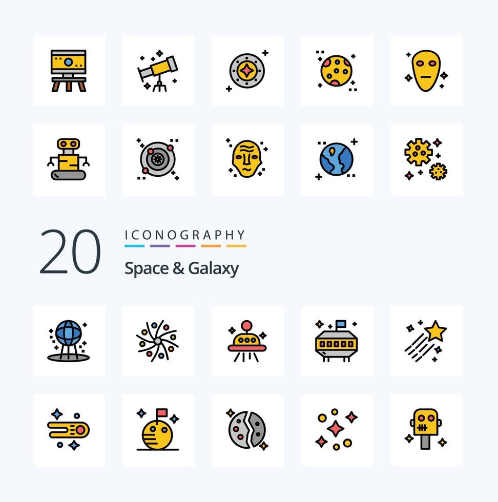 20 Space And Galaxy Line Filled Color icon Pack like comet star universe space asteroid vector