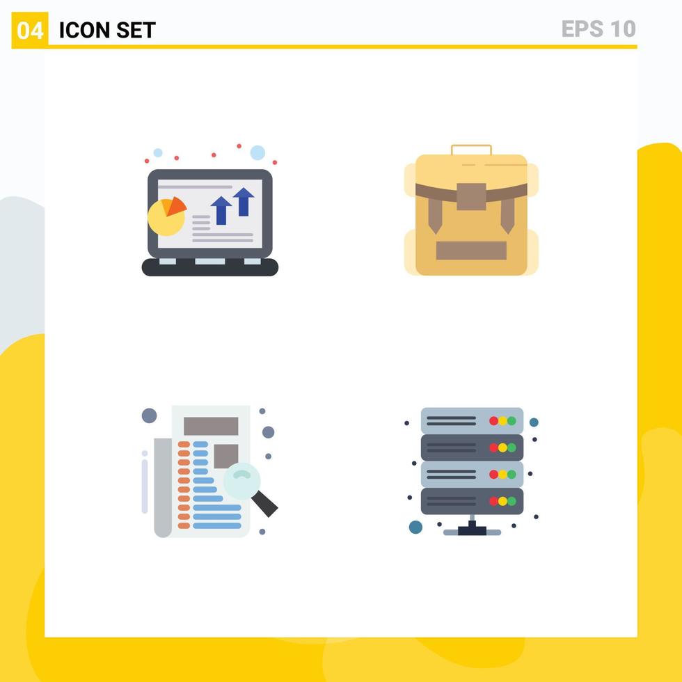 Set of 4 Vector Flat Icons on Grid for analysis luggage laptop camping filing Editable Vector Design Elements