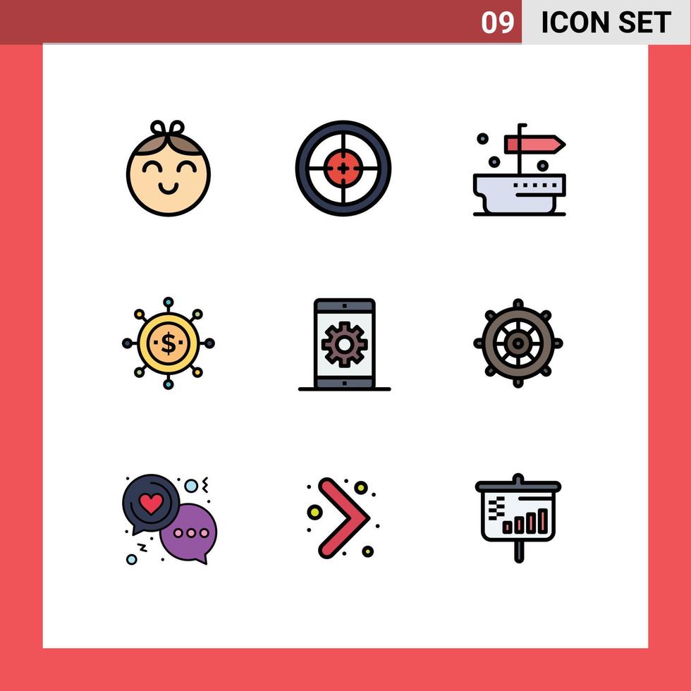 Pictogram Set of 9 Simple Filledline Flat Colors of optimization engine ship modern economics Editable Vector Design Elements