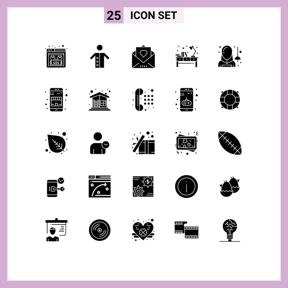 Editable Vector Line Pack of 25 Simple Solid Glyphs of office light priest desk mail Editable Vector Design Elements