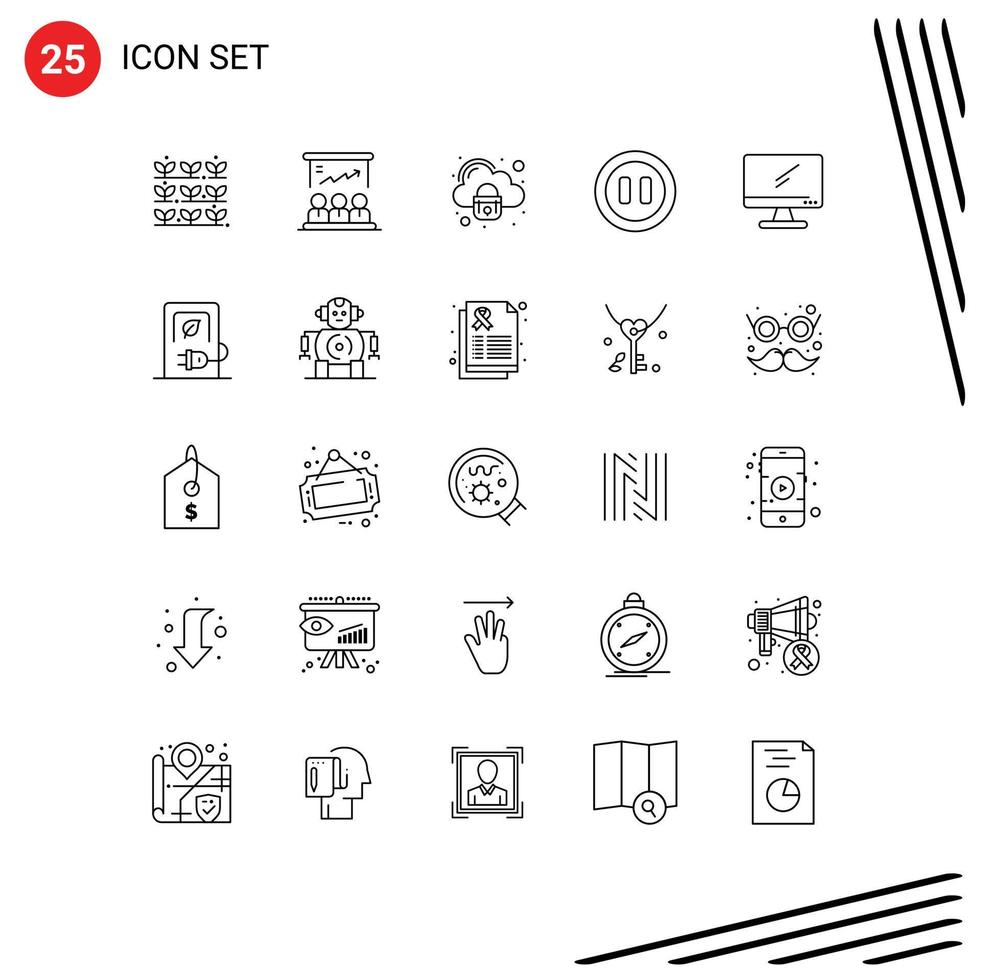 Stock Vector Icon Pack of 25 Line Signs and Symbols for monitor pause marketing media secure Editable Vector Design Elements