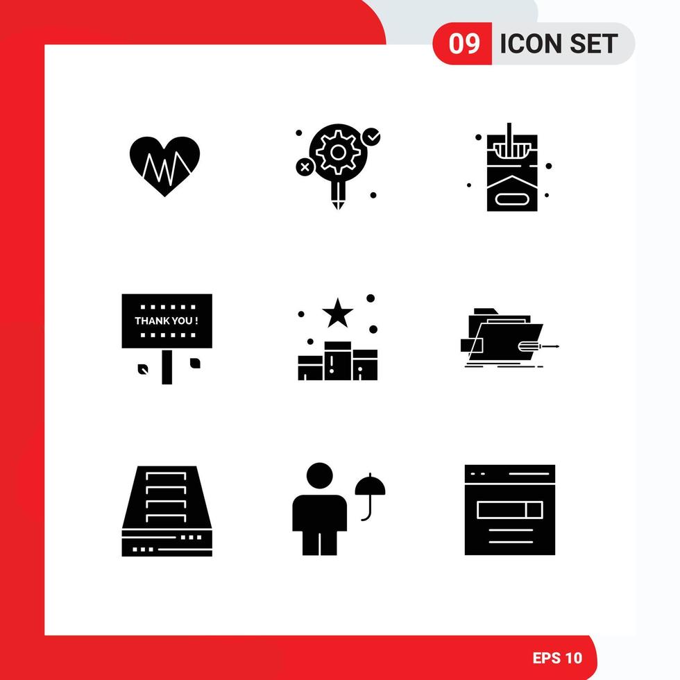 Mobile Interface Solid Glyph Set of 9 Pictograms of position thanks smoke thank you sign Editable Vector Design Elements