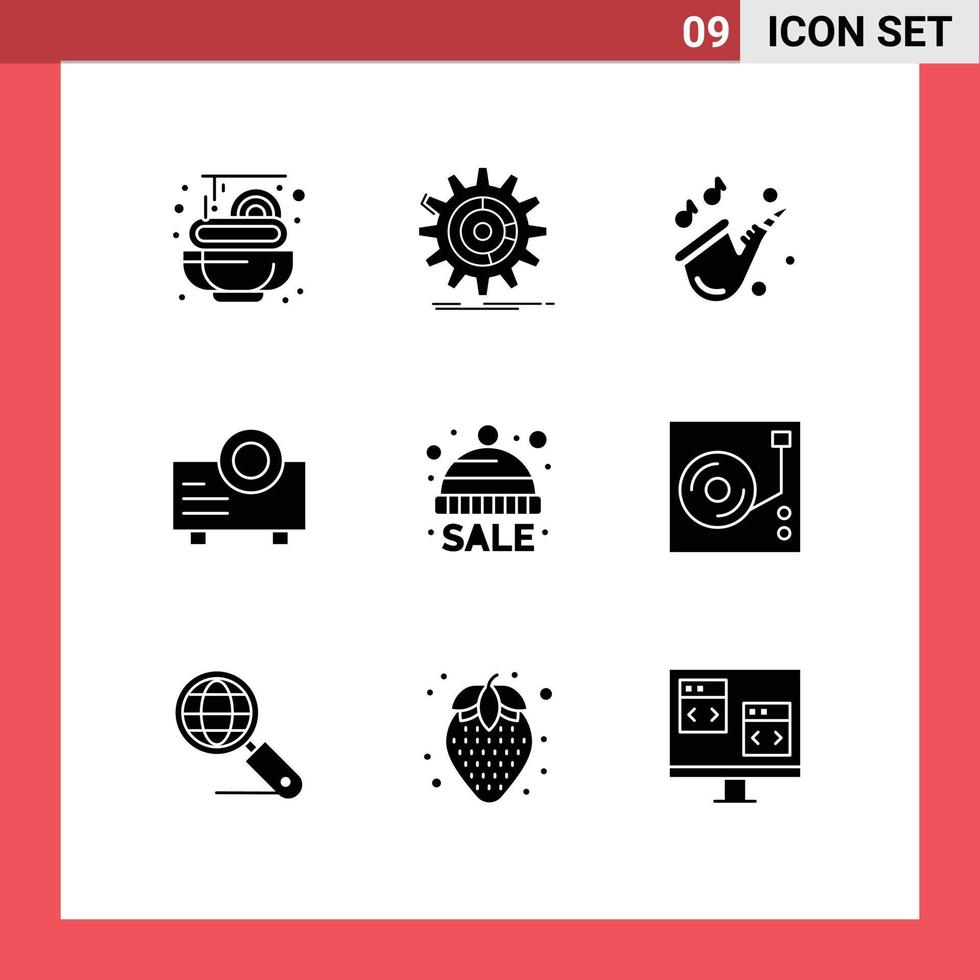 Group of 9 Solid Glyphs Signs and Symbols for winter cold instrument projector device Editable Vector Design Elements