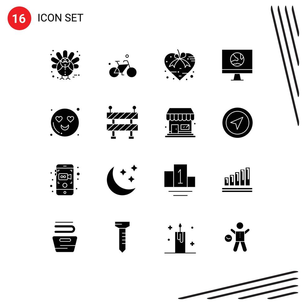 Pack of 16 creative Solid Glyphs of network connect heart computer present Editable Vector Design Elements