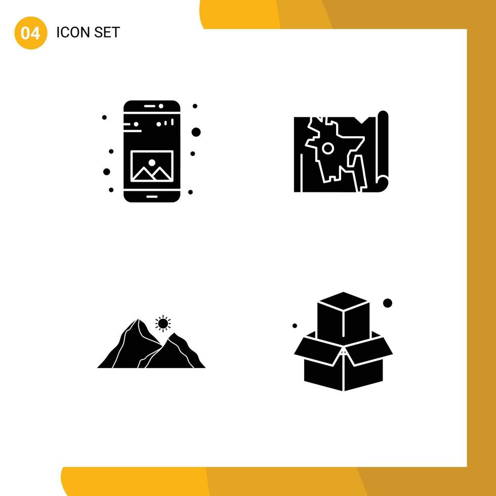 Group of 4 Modern Solid Glyphs Set for app landscape mobile world mountain Editable Vector Design Elements