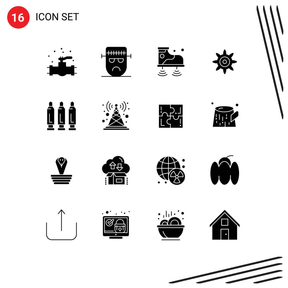 Set of 16 Commercial Solid Glyphs pack for shoot bullet halloween gear technology Editable Vector Design Elements