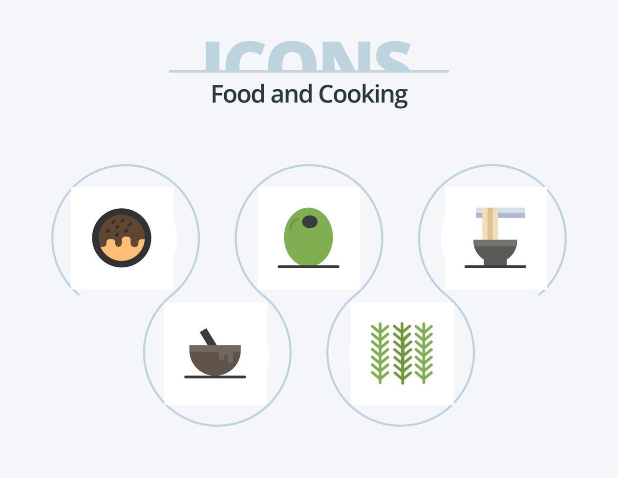 paquete de iconos planos de alimentos 5 diseño de iconos. fideos. chino. postre. vegetal. alimento vector