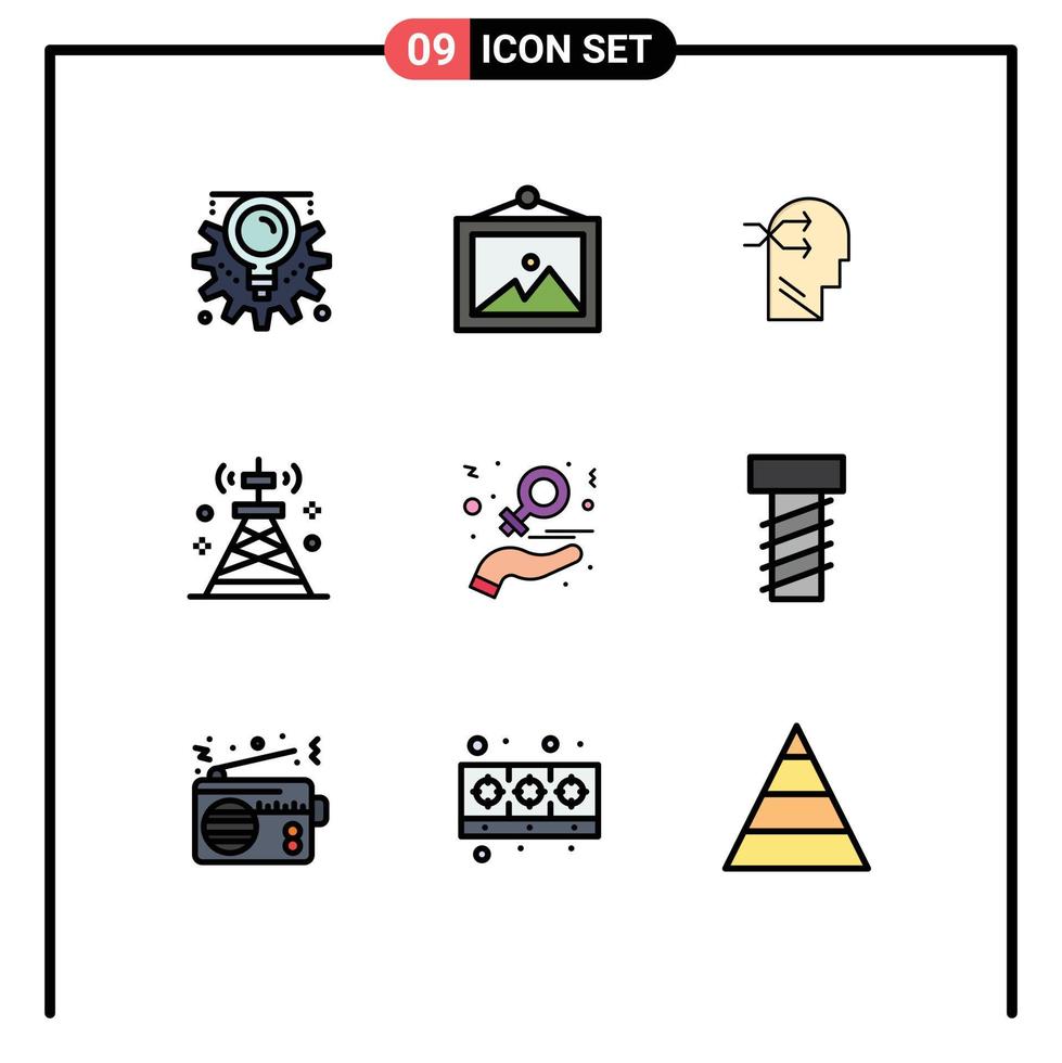 grupo de 9 signos y símbolos de colores planos de línea rellena para elementos de diseño de vectores editables de red de tecnología de cabeza de torre de día