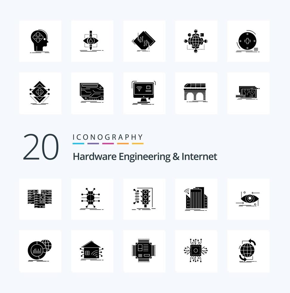 20 Hardware Engineering And Internet Solid Glyph icon Pack like sensor buildings network traffic monitoring vector