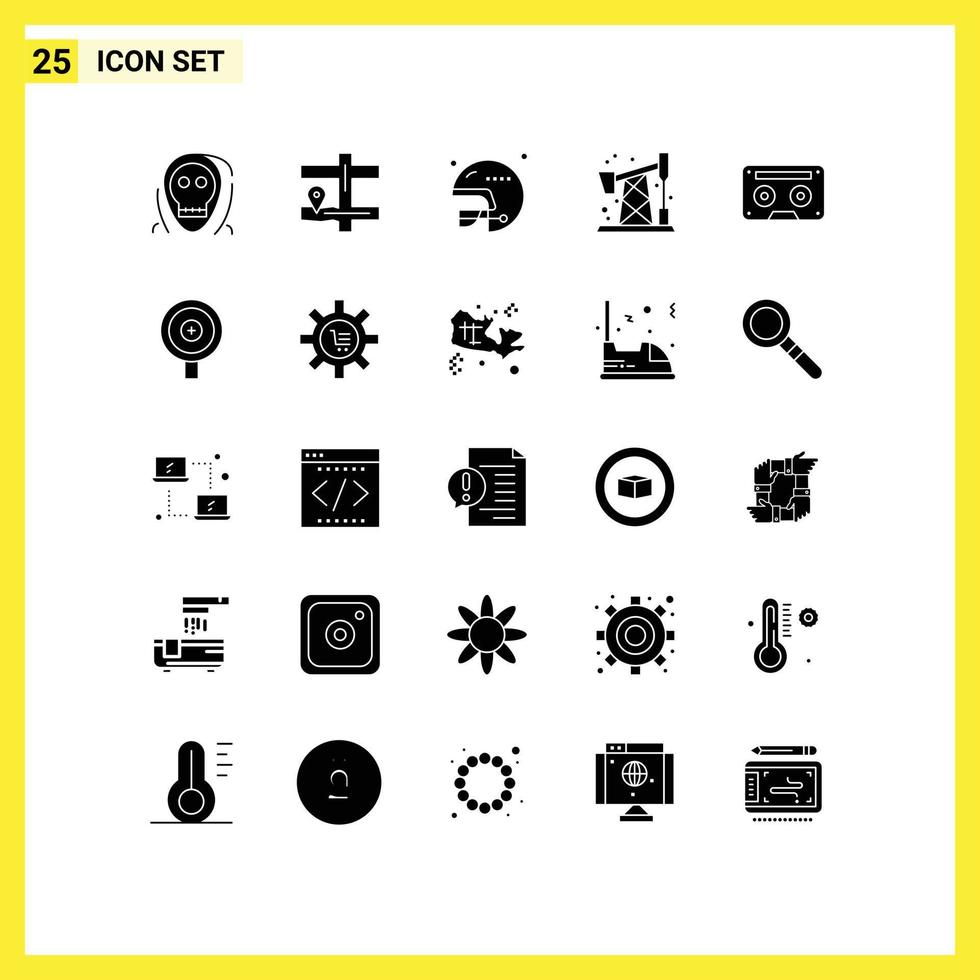 Solid Glyph Pack of 25 Universal Symbols of audiotape analog football waste pollution Editable Vector Design Elements
