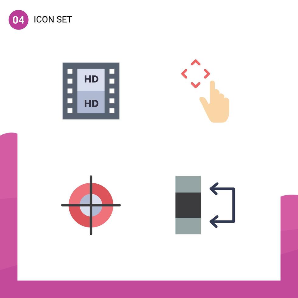 Set of 4 Vector Flat Icons on Grid for film goal multimedia gestures target Editable Vector Design Elements