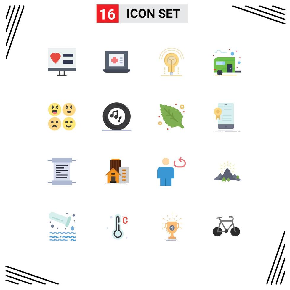 grupo de 16 colores planos modernos establecidos para emojis campamento bombilla campamento autobús paquete editable de elementos creativos de diseño de vectores