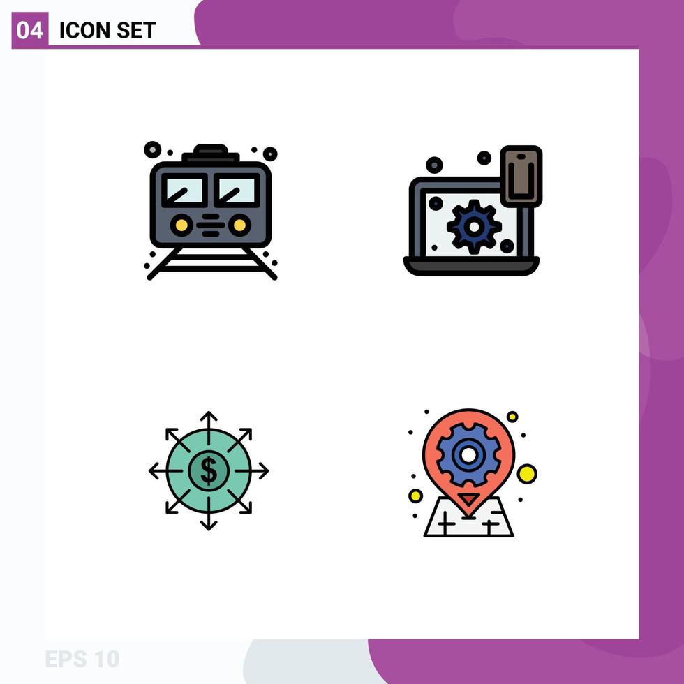 Group of 4 Filledline Flat Colors Signs and Symbols for metro cogwheel transport laptop banking Editable Vector Design Elements