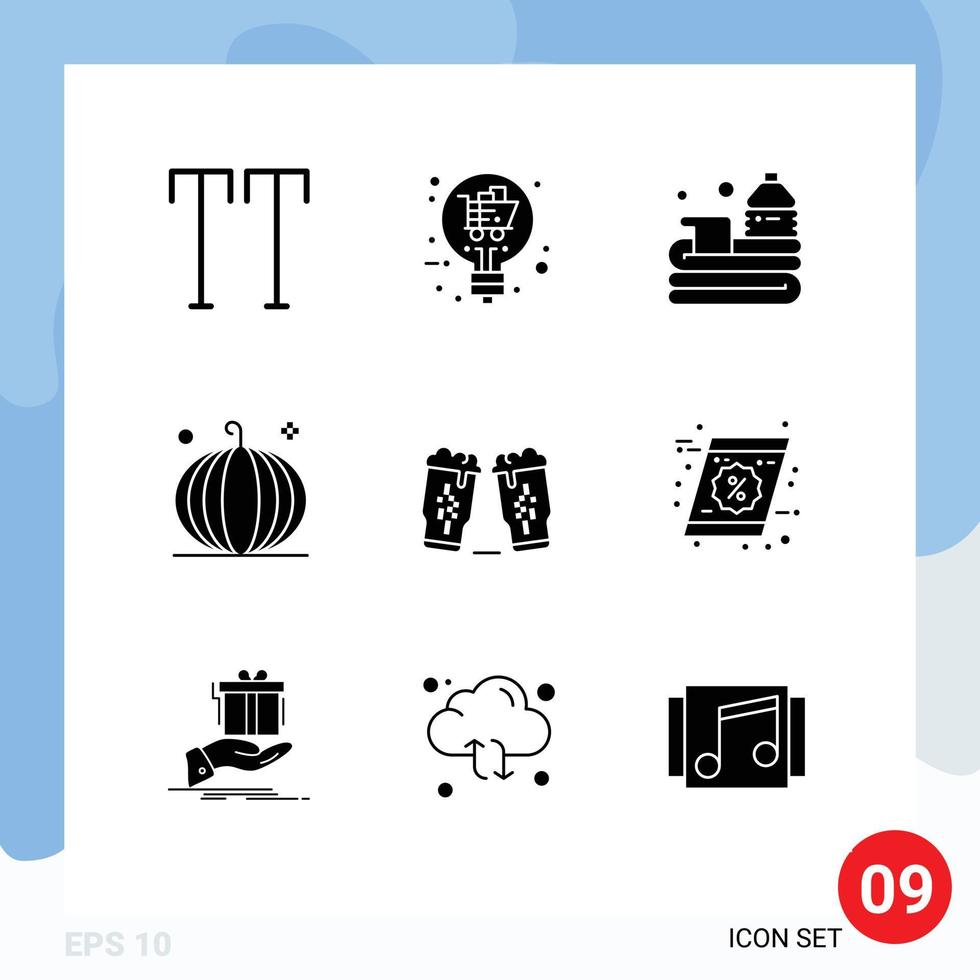 9 Thematic Vector Solid Glyphs and Editable Symbols of beer harvest basket fall cornucopia Editable Vector Design Elements