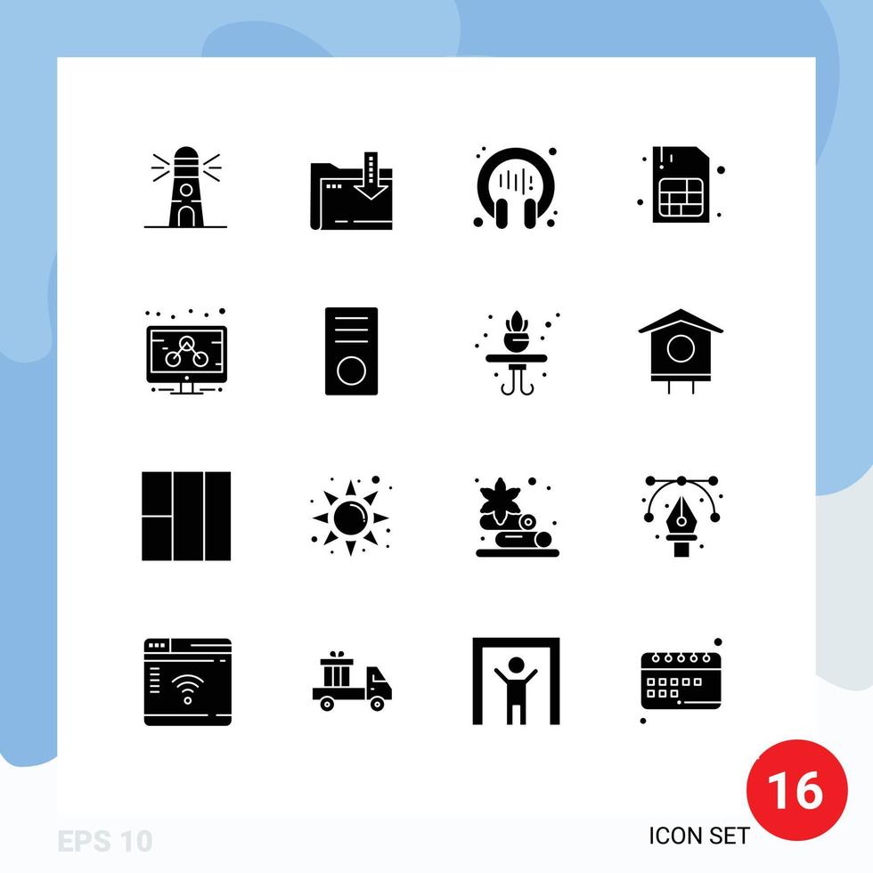 Pack of 16 Modern Solid Glyphs Signs and Symbols for Web Print Media such as marketing business communication sim card Editable Vector Design Elements