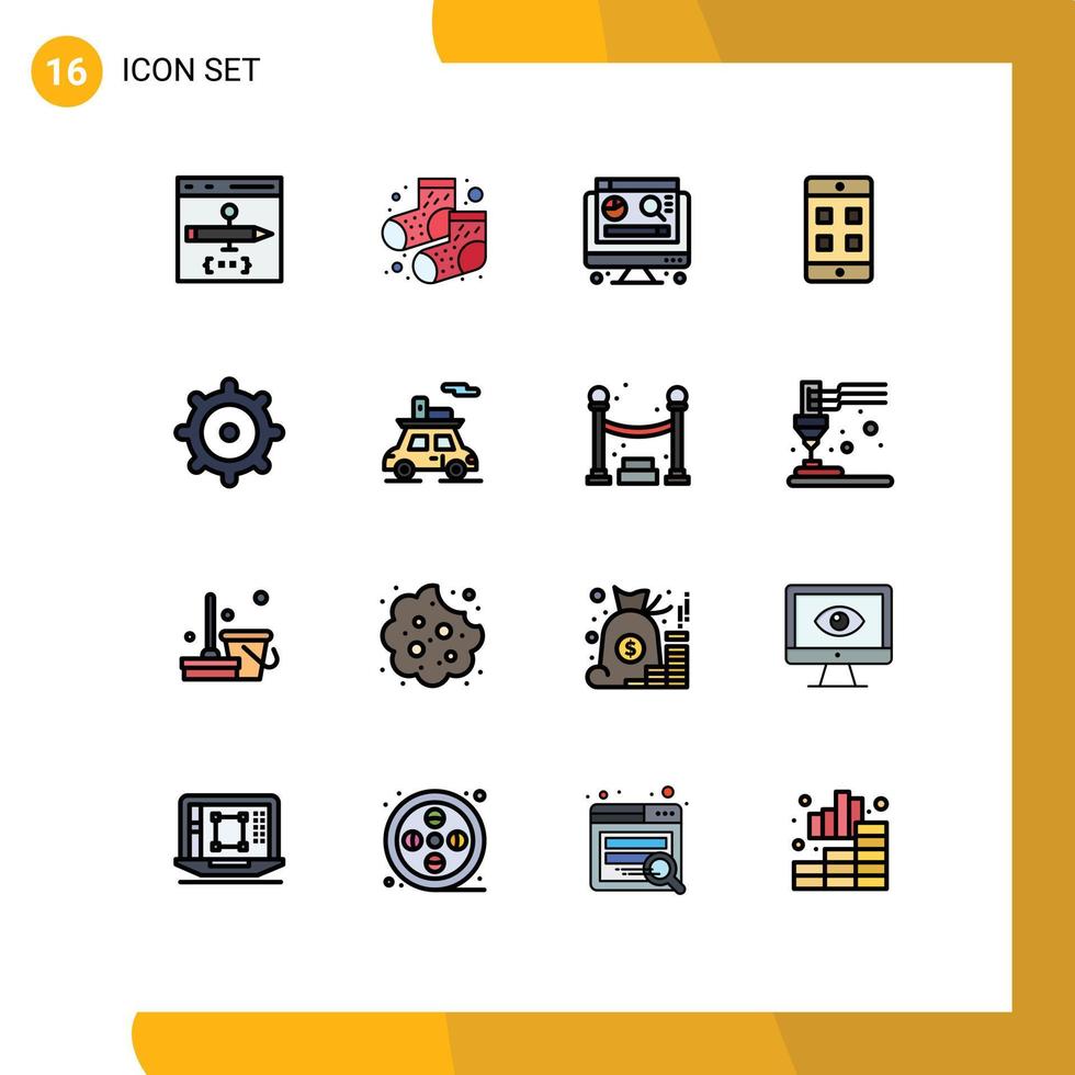 Mobile Interface Flat Color Filled Line Set of 16 Pictograms of sports mechanic computer gear cell Editable Creative Vector Design Elements