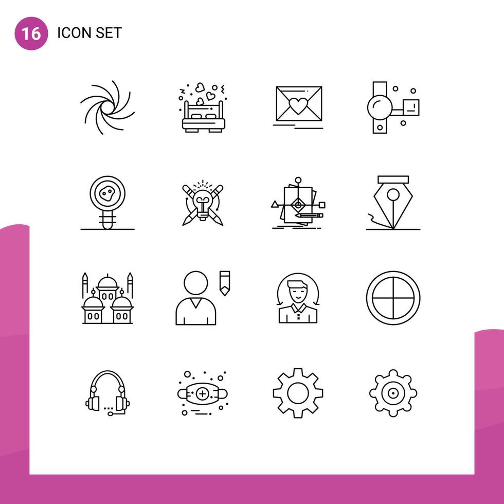 Group of 16 Modern Outlines Set for biology theorem video camera love recording camera Editable Vector Design Elements