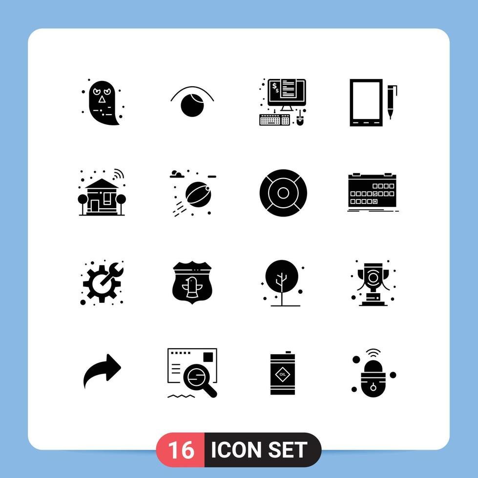 Mobile Interface Solid Glyph Set of 16 Pictograms of home pencil devices cell taxes Editable Vector Design Elements
