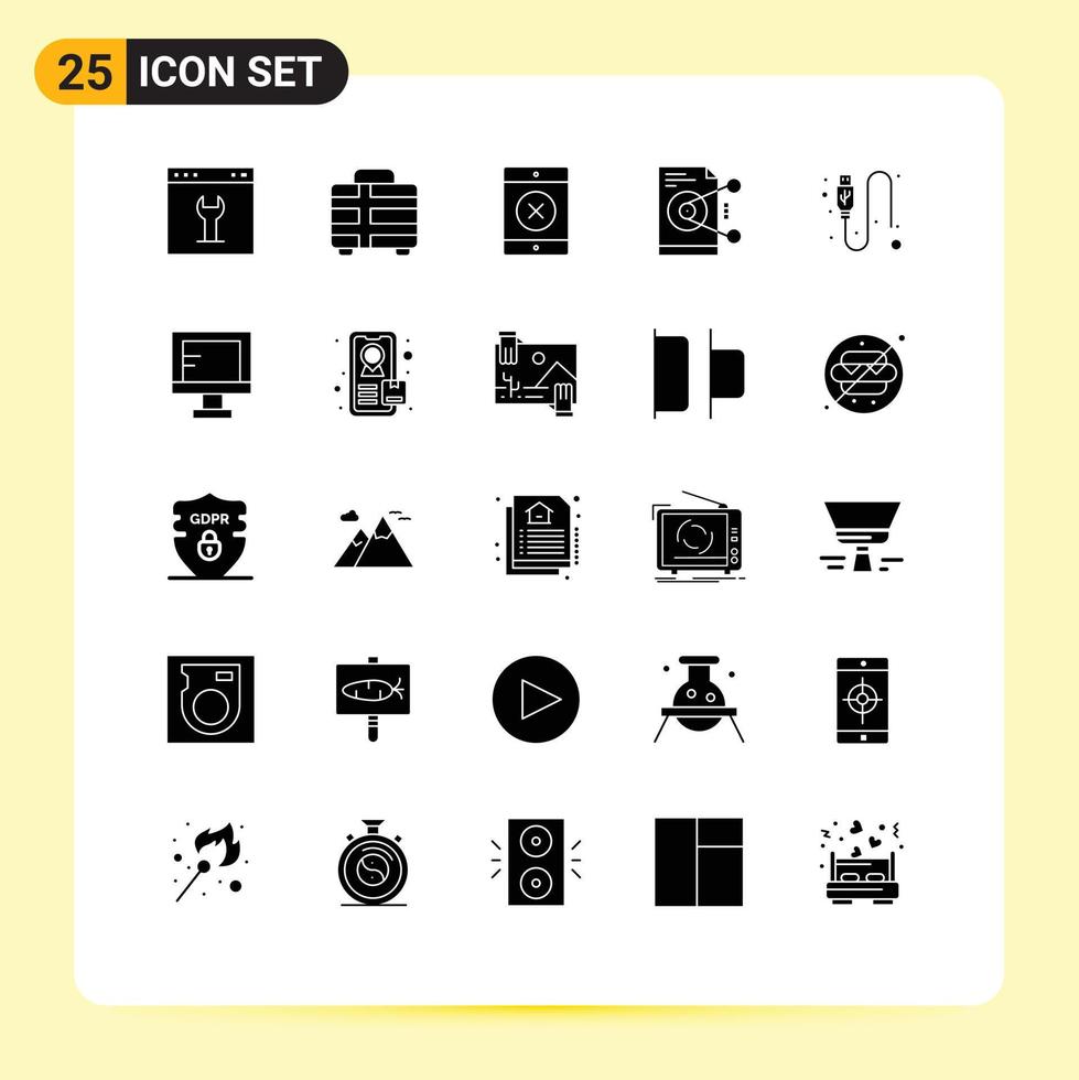 25 signos de glifos sólidos universales símbolos del trabajo de viaje del servidor de datos comparten elementos de diseño vectorial editables vector