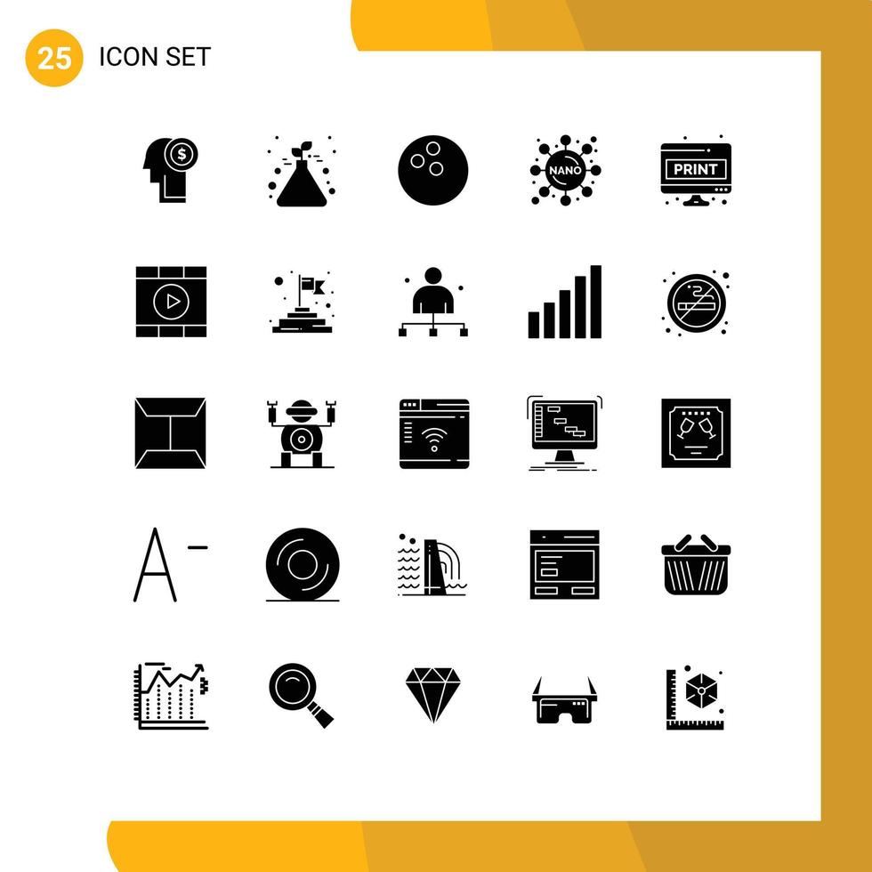 conjunto de 25 glifos sólidos vectoriales en la cuadrícula para imprimir elementos de diseño vectorial editables del experimento de hoja de computadora de doc ball vector