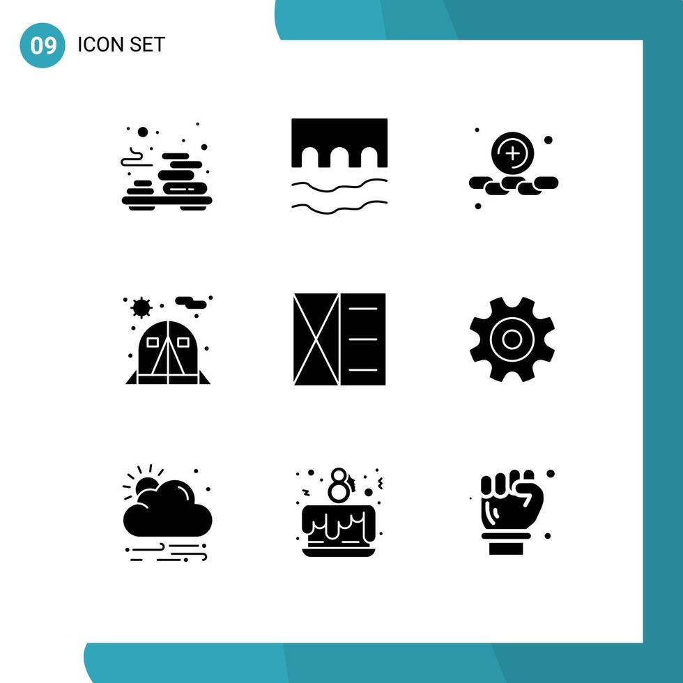 Set of 9 Commercial Solid Glyphs pack for man accessories river tent camping Editable Vector Design Elements