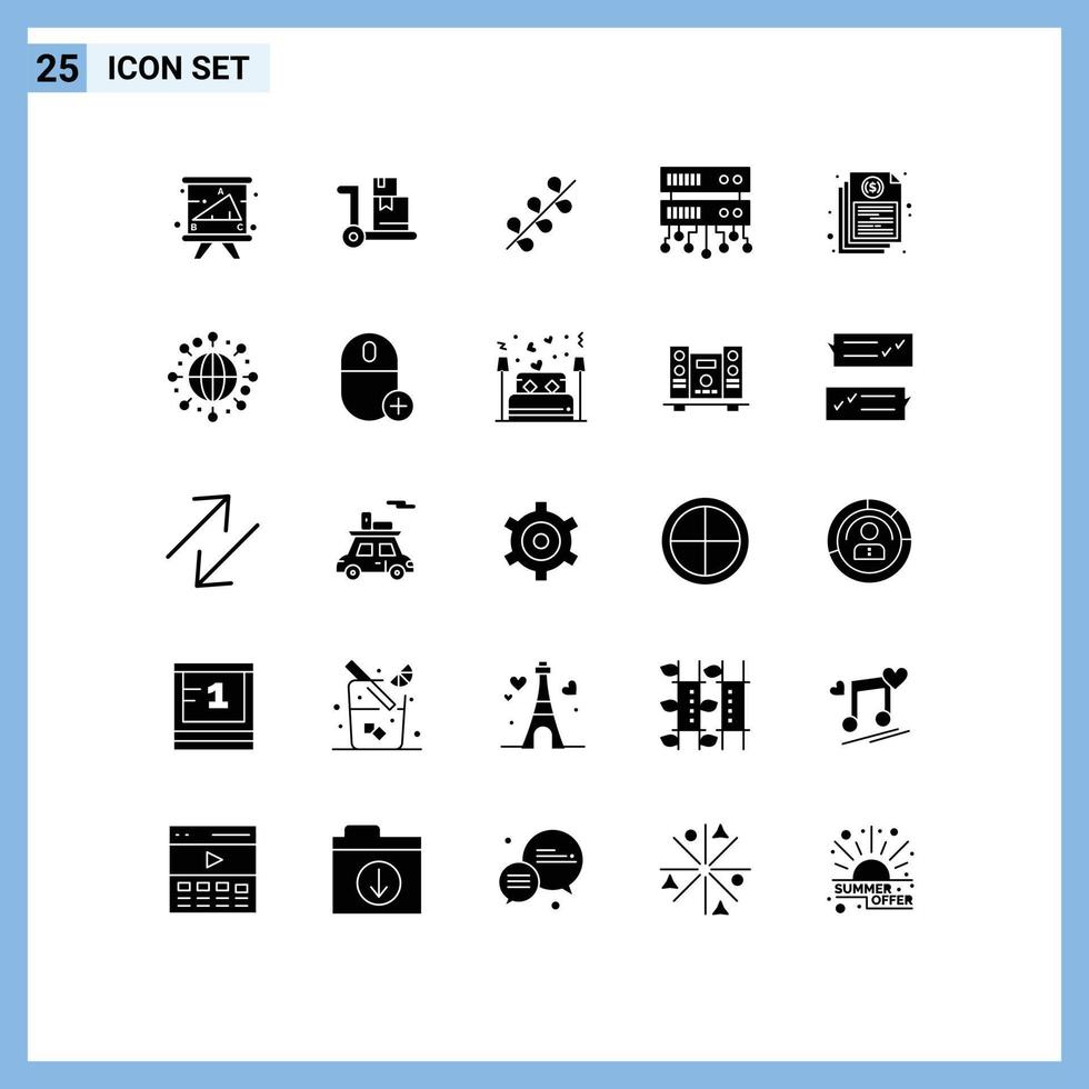 Set of 25 Modern UI Icons Symbols Signs for file bill catkin shared web database server Editable Vector Design Elements