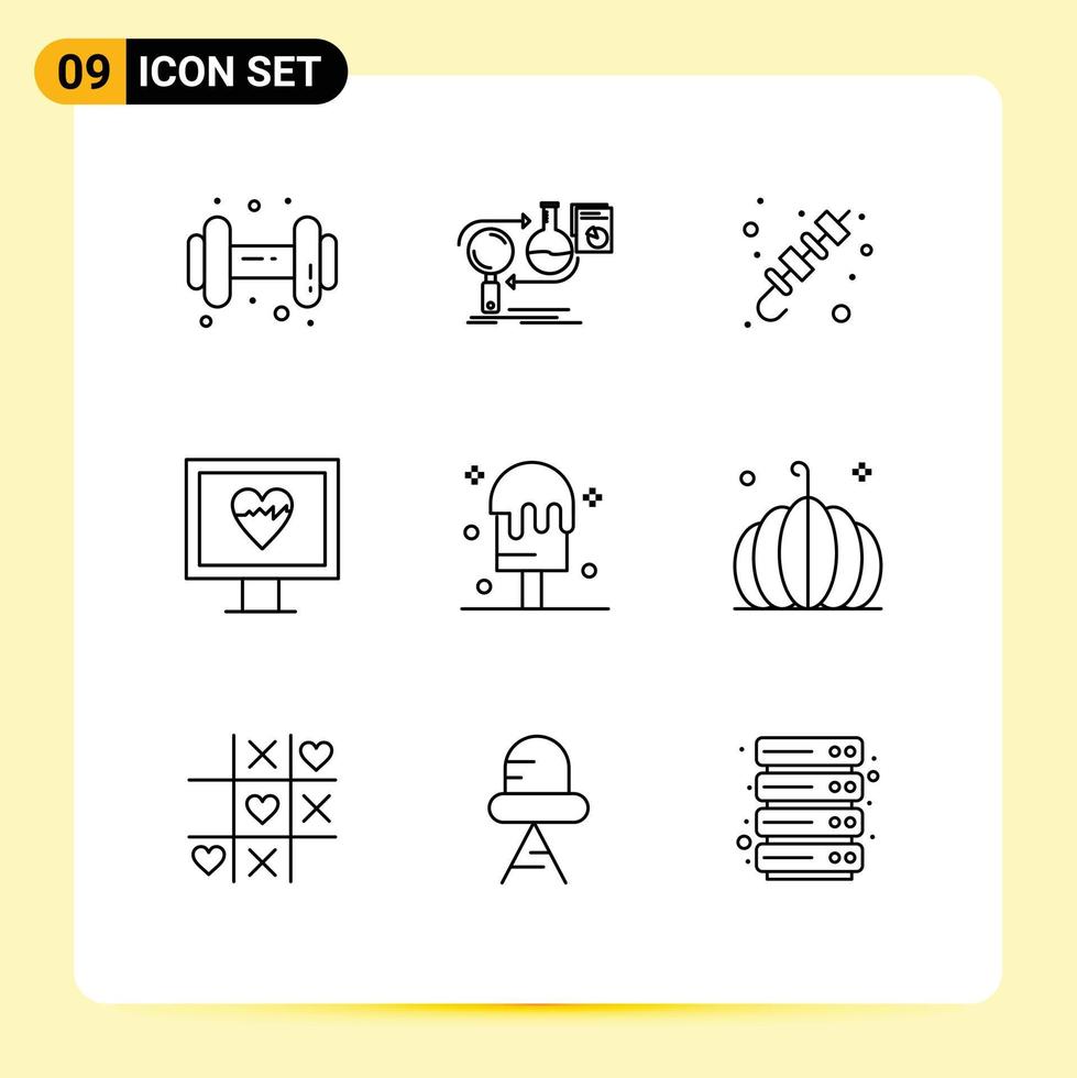 Set of 9 Modern UI Icons Symbols Signs for ice pulse barbecue monitor summer Editable Vector Design Elements