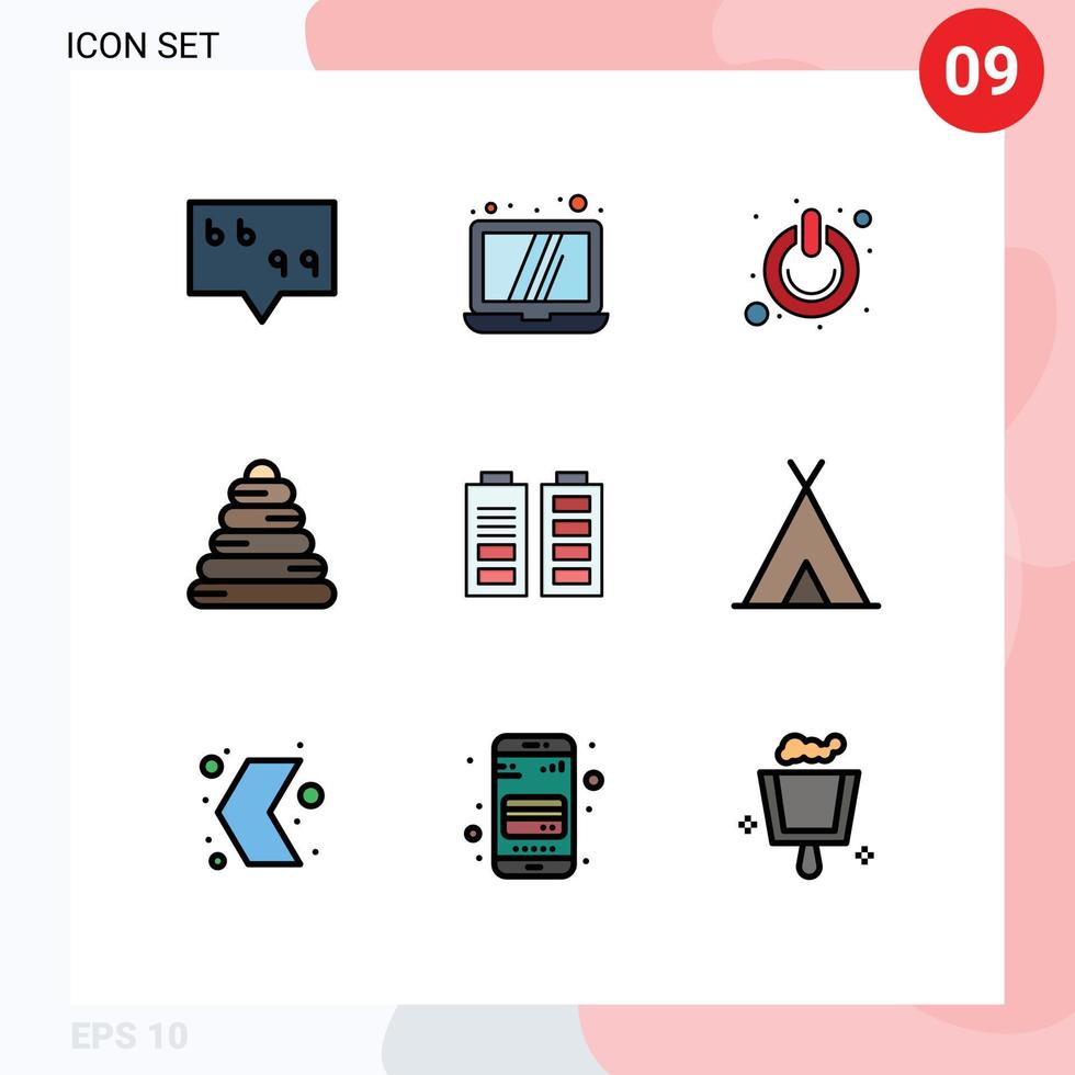 Set of 9 Modern UI Icons Symbols Signs for full battery on acumulator pyramid Editable Vector Design Elements