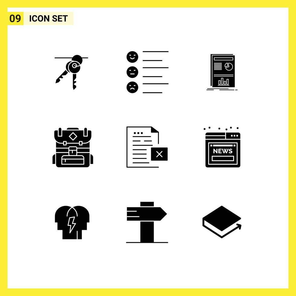 Mobile Interface Solid Glyph Set of 9 Pictograms of document data presentation hiking bag Editable Vector Design Elements