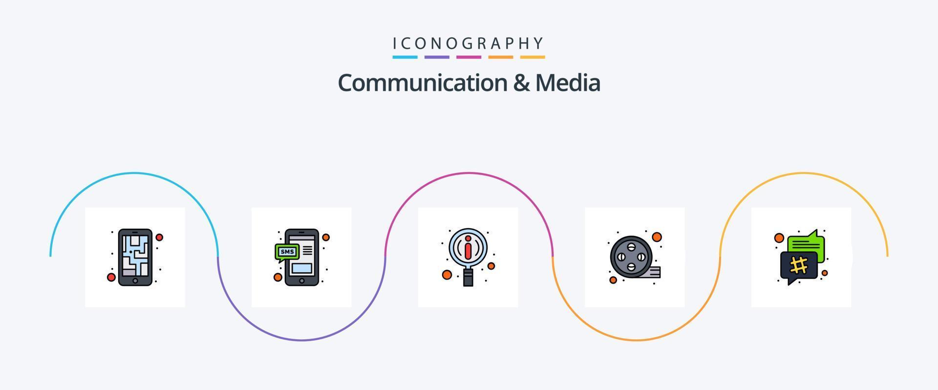 paquete de iconos de 5 planos llenos de línea de comunicación y medios que incluye etiqueta hash. burbuja de chat información. video. película vector