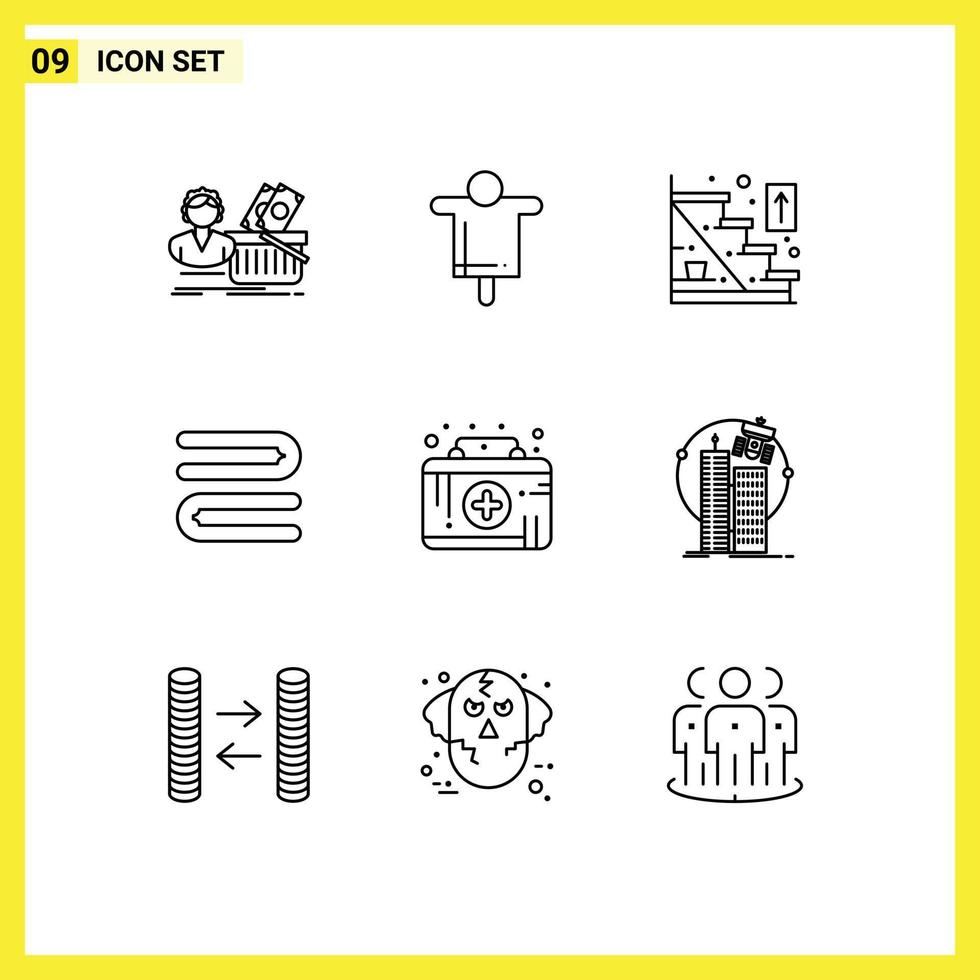 Editable Vector Line Pack of 9 Simple Outlines of healthcare towel scarecrow cleaning home stairs Editable Vector Design Elements
