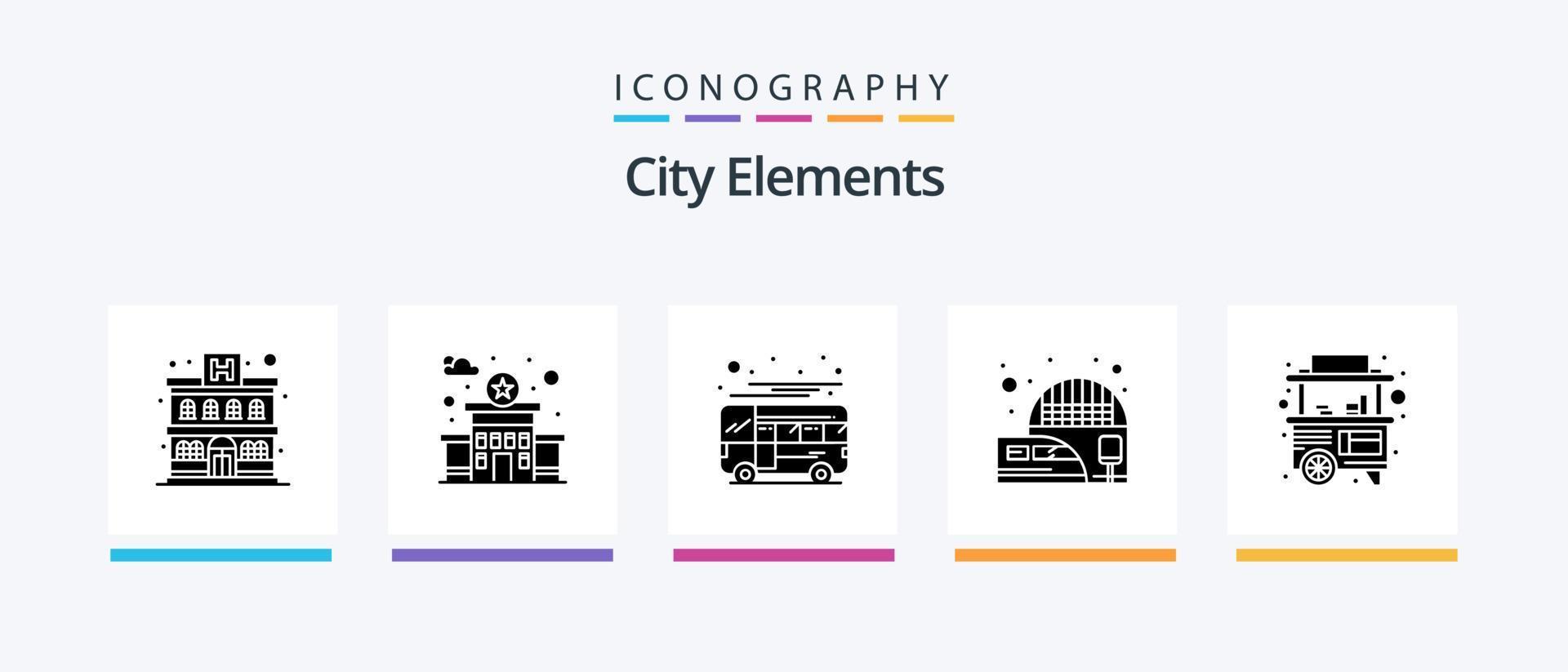 City Elements Glyph 5 Icon Pack Including street. food. coach. train. electric. Creative Icons Design vector