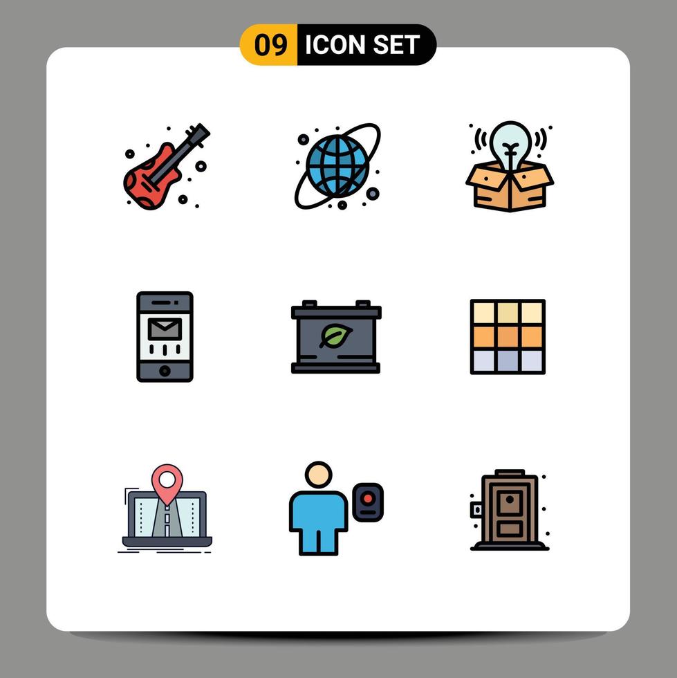 Mobile Interface Filledline Flat Color Set of 9 Pictograms of ui green big idea save message Editable Vector Design Elements