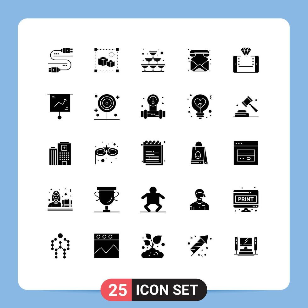 Pack of 25 Modern Solid Glyphs Signs and Symbols for Web Print Media such as online call glass phone contacts Editable Vector Design Elements