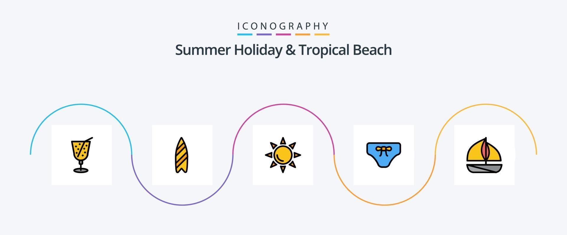 Beach Line Filled Flat 5 Icon Pack Including . boat. shinning. beach. clothes vector