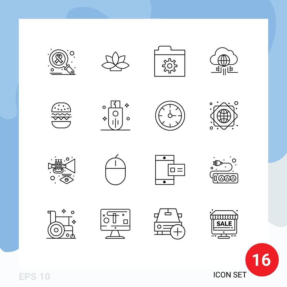 16 User Interface Outline Pack of modern Signs and Symbols of eat burger control technology think Editable Vector Design Elements