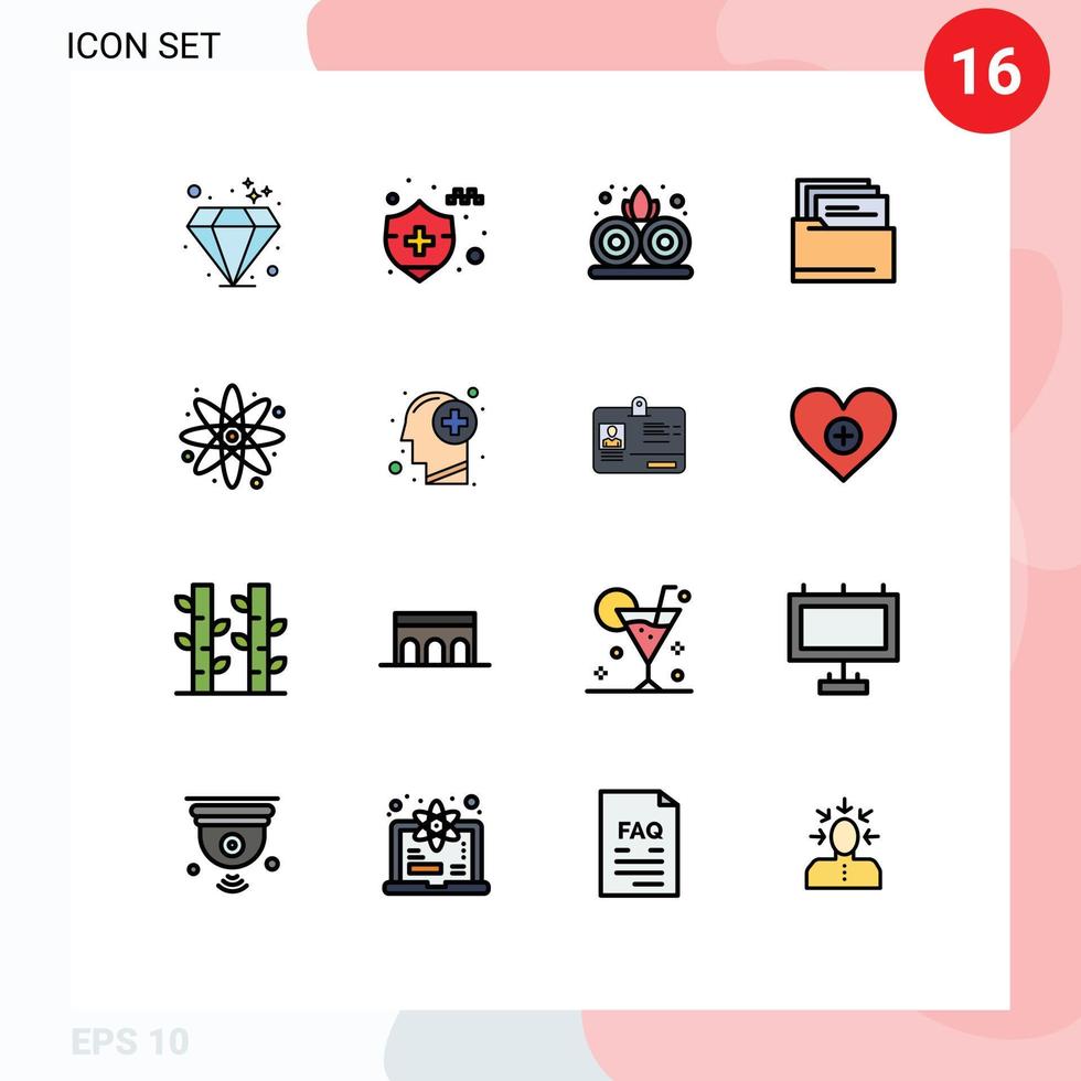 Pack of 16 Modern Flat Color Filled Lines Signs and Symbols for Web Print Media such as human head plant science atom Editable Creative Vector Design Elements
